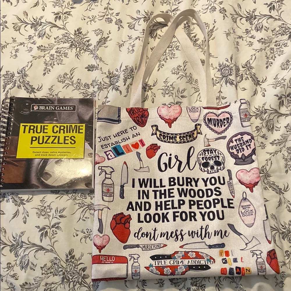 True Crime Tote Bag with and True Crime Puzzles